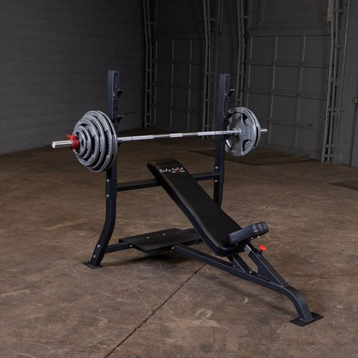 Body-Solid Pro Clubline SOIB250 Olympic Incline Bench With Barbell On 2nd J Hook