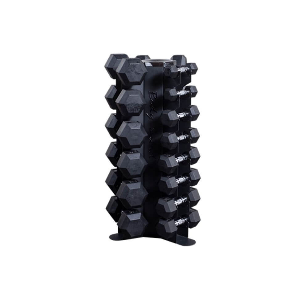 Rubber coated hex best sale dumbbell set with rack