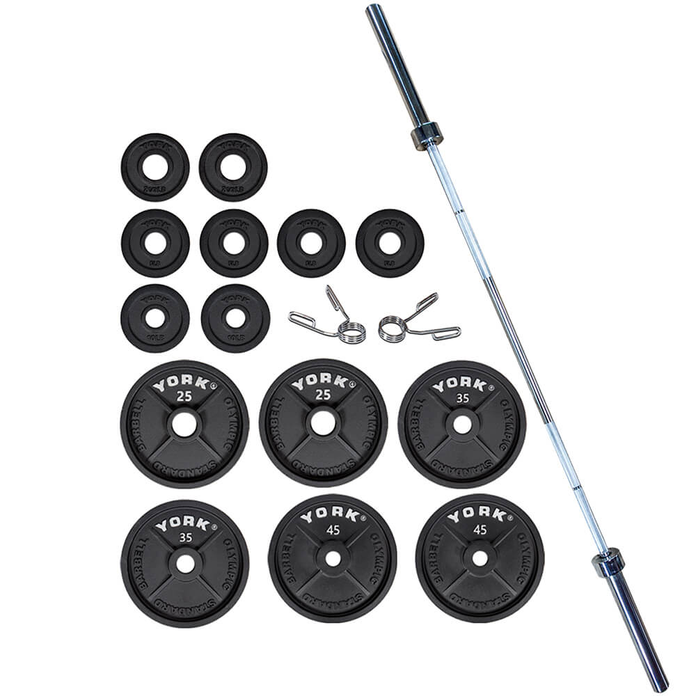 York Barbell 300lb Cast Iron Olympic Plate and Barbell Set — Strength