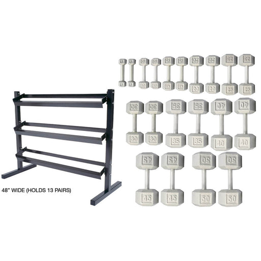 York Barbell 5-50lb Cast Iron Dumbbells with 3 Tier Rack