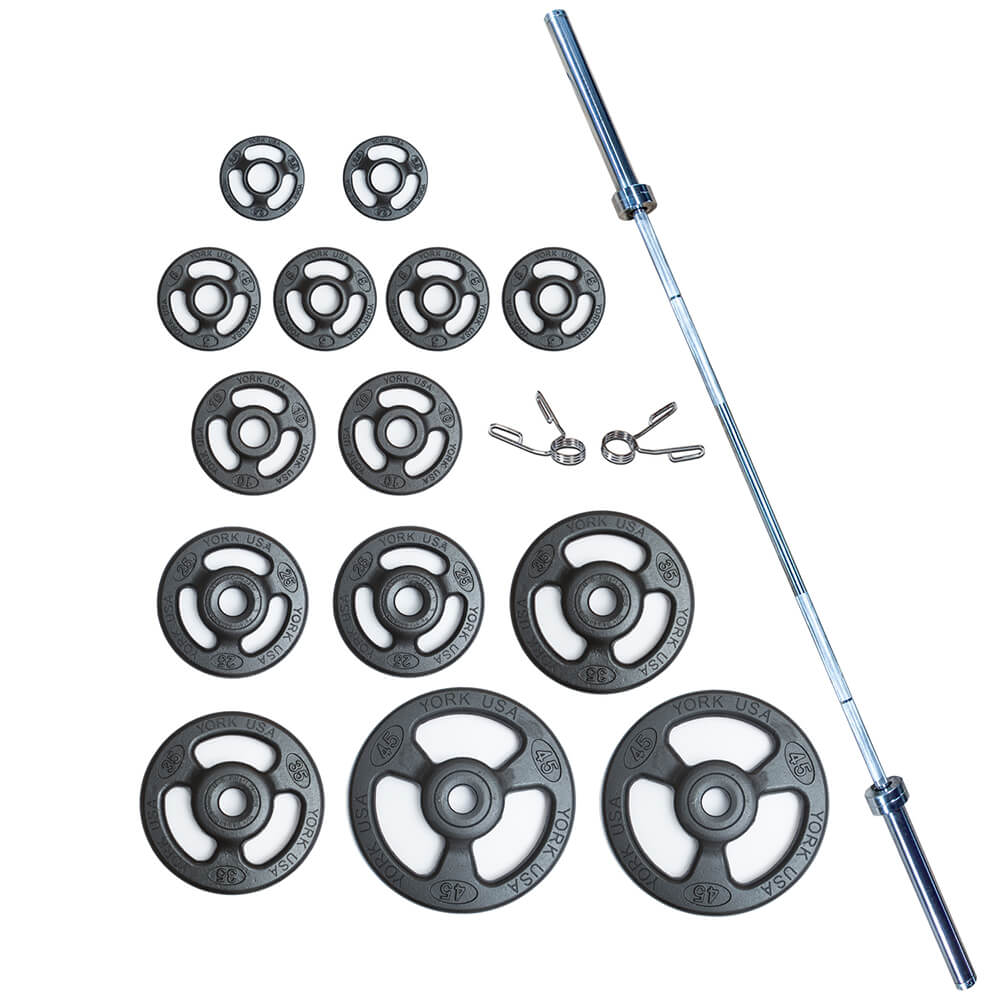 York Barbell Steel IsoGrip 300lb Plate & Barbell Set — Strength