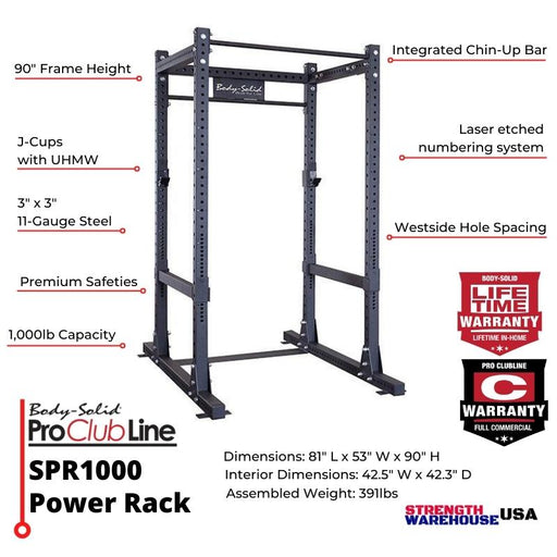 Body-Solid SPR1000 Pro Clubline Commercial Power Rack Info Sheet
