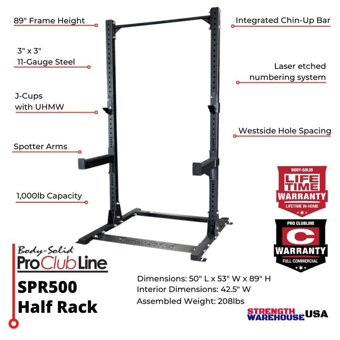 Body Solid SPR500 Half Rack and SPR500HALFBACK Rack Extension with 4 Weight  Horns